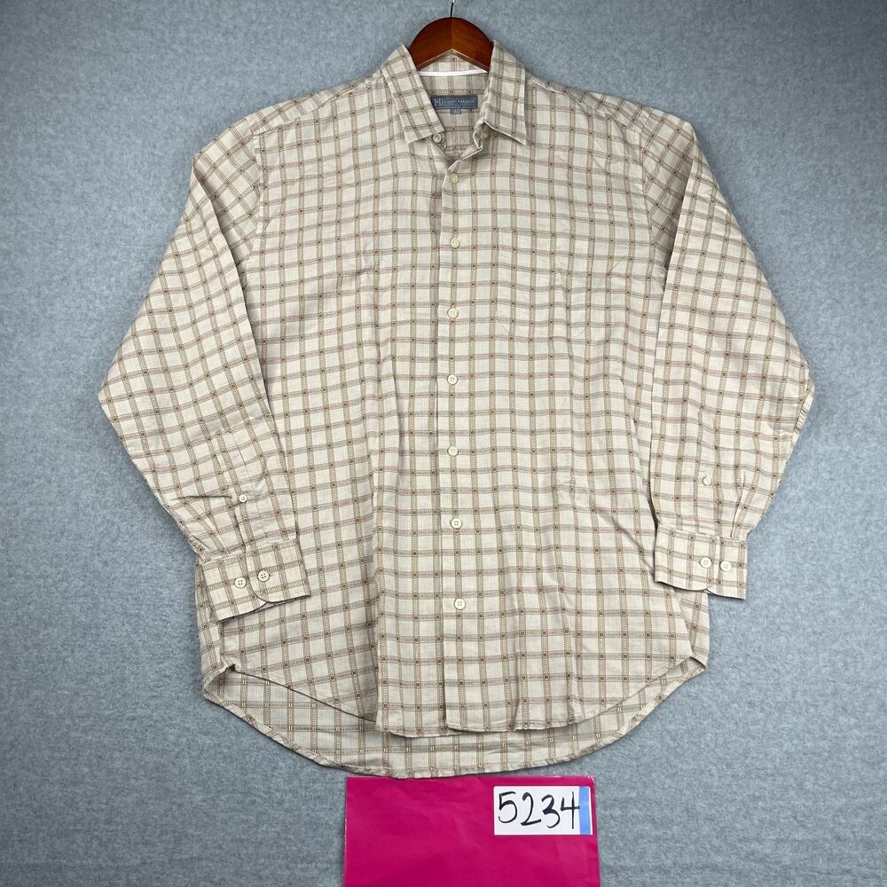 Hickey Freeman Shirt Large Beige Check Linen Blend Casual Button Up Long Sleeve